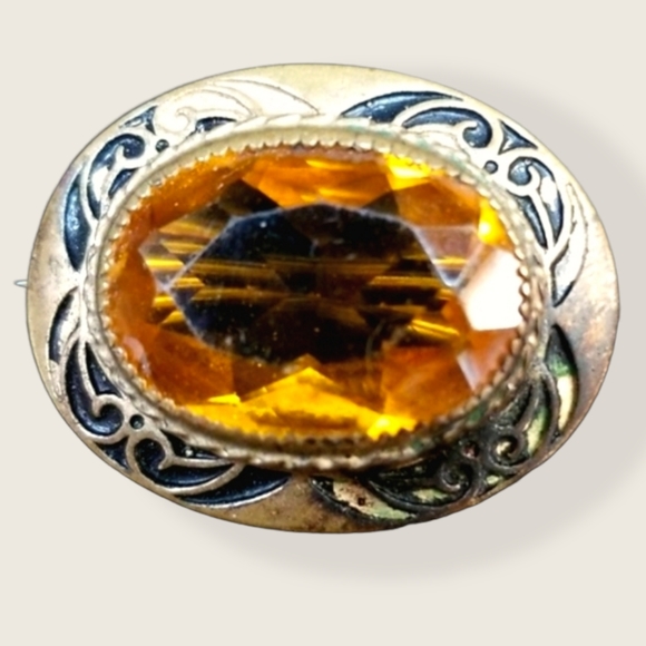 Vintage 1920s Art Deco Amber Citrine Glass Gold Tone Brooch - Picture 4 of 12